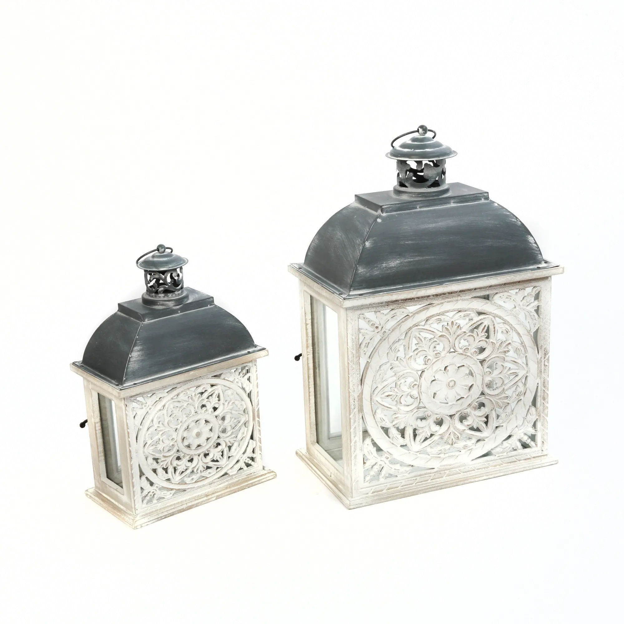 13 Inch Metal and Wood Carved Open Lantern-2