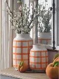 14 Inch Orange on Cream Gingham Check Ceramic Vase