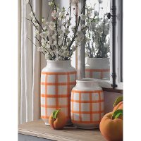 14 Inch Orange on Cream Gingham Check Ceramic Vase-1