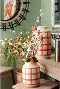 10 Inch Orange on Cream Gingham Check Ceramic Vase