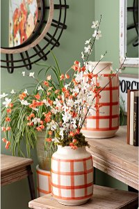 10 Inch Orange on Cream Gingham Check Ceramic Vase