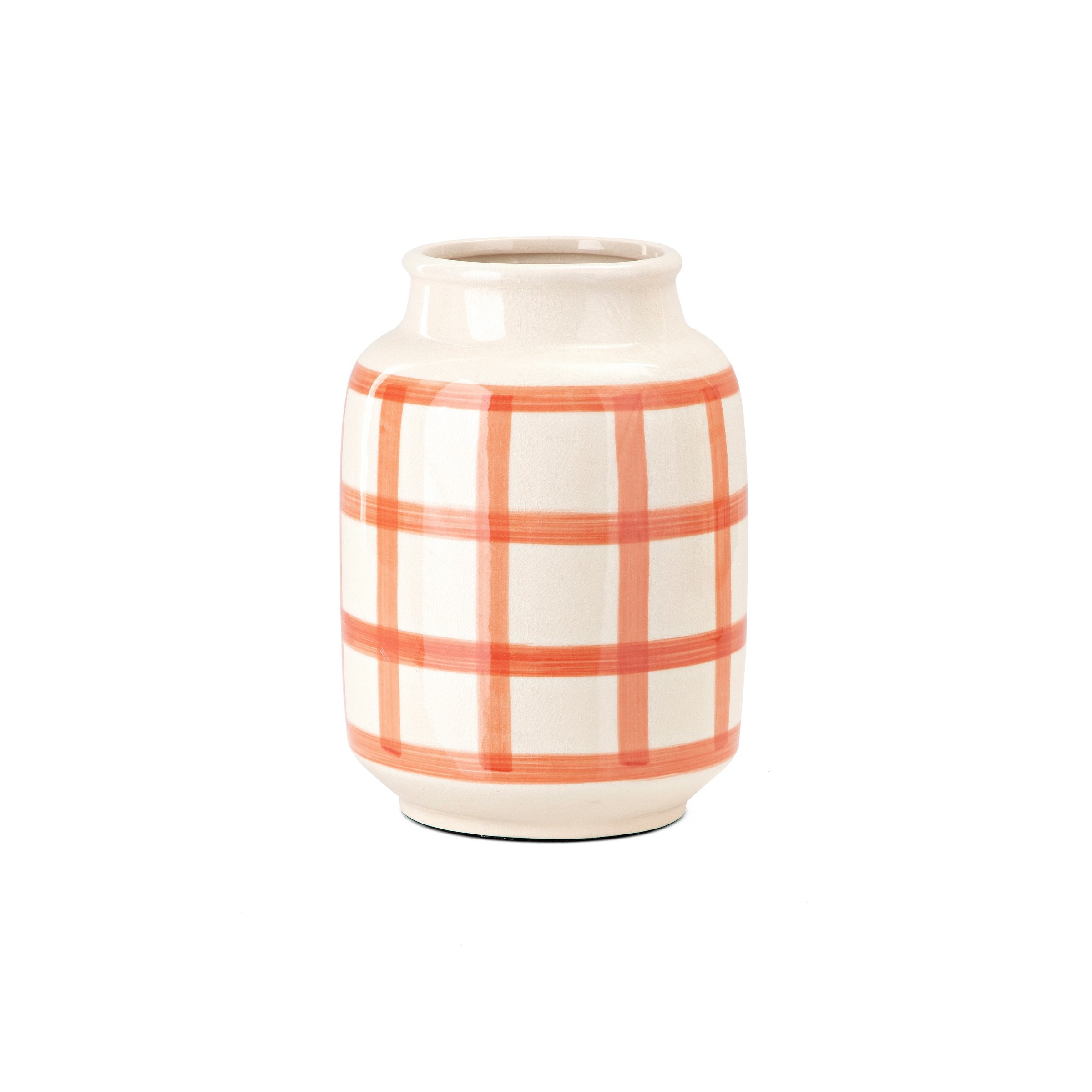 10 Inch Orange on Cream Gingham Check Ceramic Vase-2