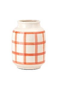 10 Inch Orange on Cream Gingham Check Ceramic Vase-2