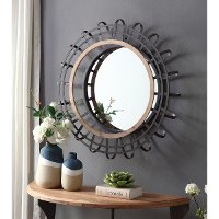 31 Inch Round Iron and Firwood Wall Mirror-2