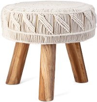 Round Beige Macrame Stool with Brown Legs - Courtois