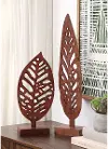 25 Inch Brown Wooden Leaf Tabletop Statuary