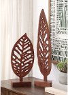 17 Inch Brown Wooden Leaf Tabletop Statuary
