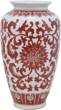 15 Inch Red and White Floral Ceramic Vase