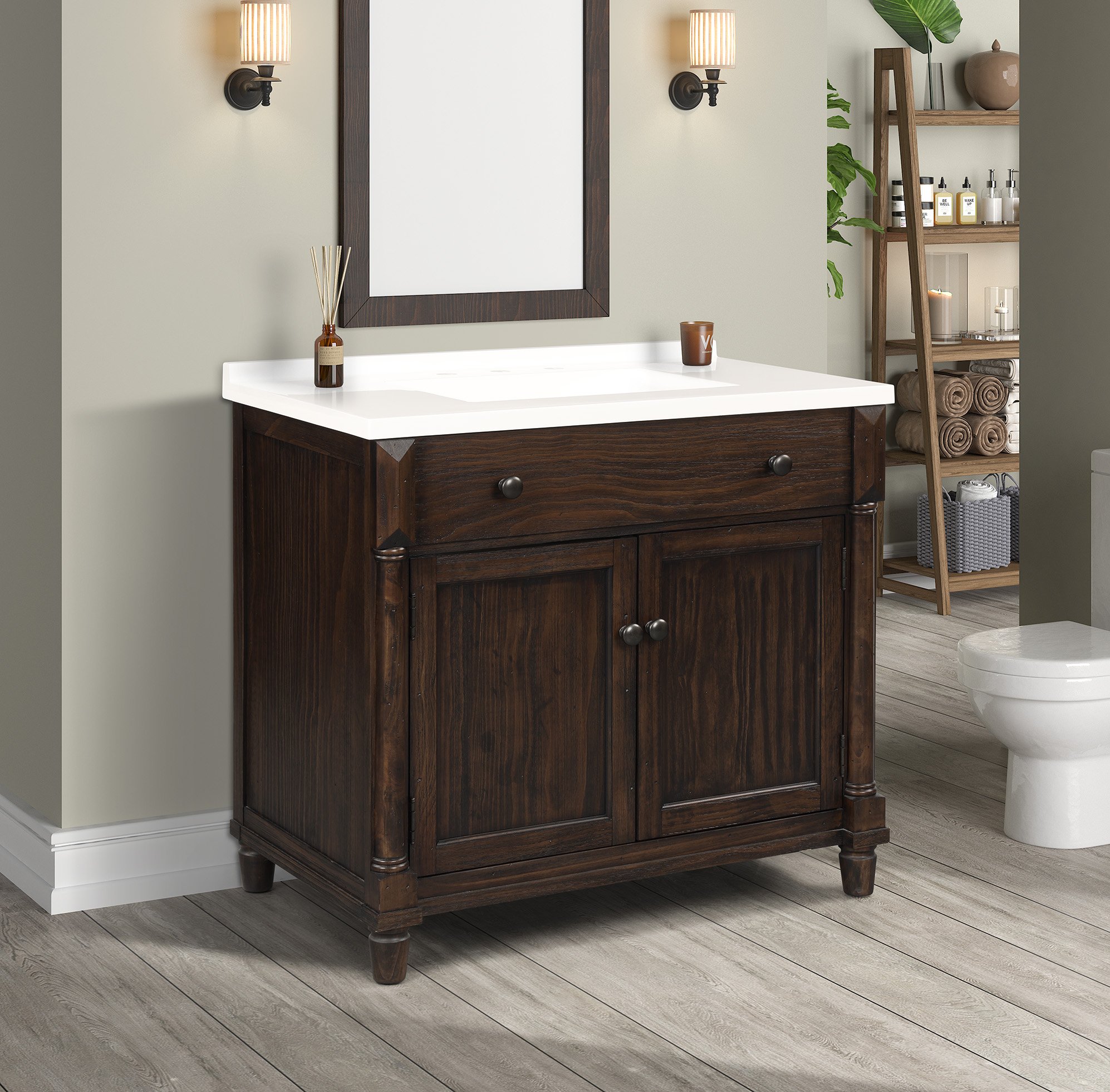 37 Inch Dark Brown Single Bathroom Vanity with Sink - Almada-3