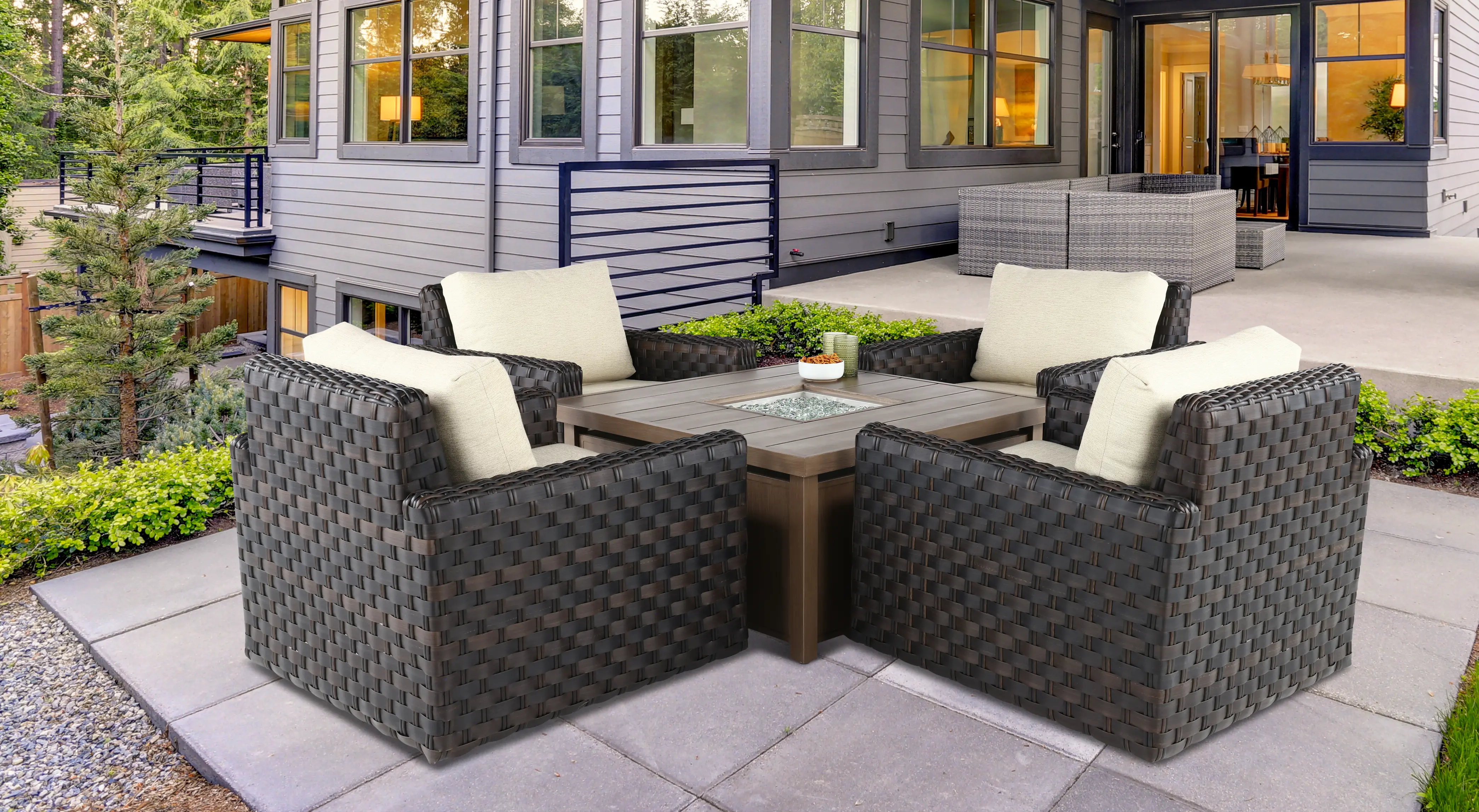 Sunset 5 Piece Patio Fire Pit with Gliding Lounge Chairs-2