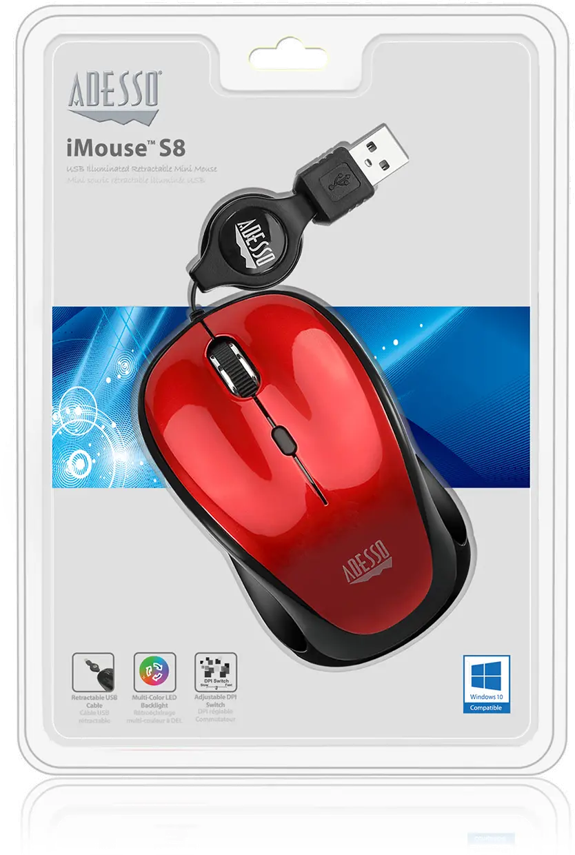iMOUSE-S8 RED Adesso Red USB Illuminated Retractable Mouse - iMouse S8-6