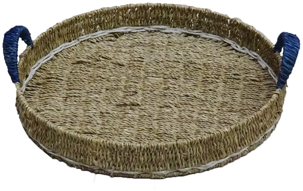 Brown Round Seagrass Tray with Blue Handles-1