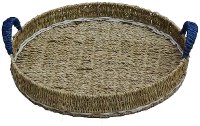 Brown Round Seagrass Tray with Blue Handles