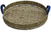 Brown Round Seagrass Tray with Blue Handles