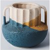 10 Inch Blue, Beige, and Rust Ribbed Vase with Handles