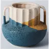 10 Inch Blue, Beige, and Rust Ribbed Vase with Handles