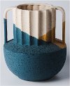 6 Inch Blue, Beige, and Rust Ribbed Vase with Handles