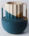 Clearance 6 Inch Blue, Beige, and Rust Ribbed Vase with Handles