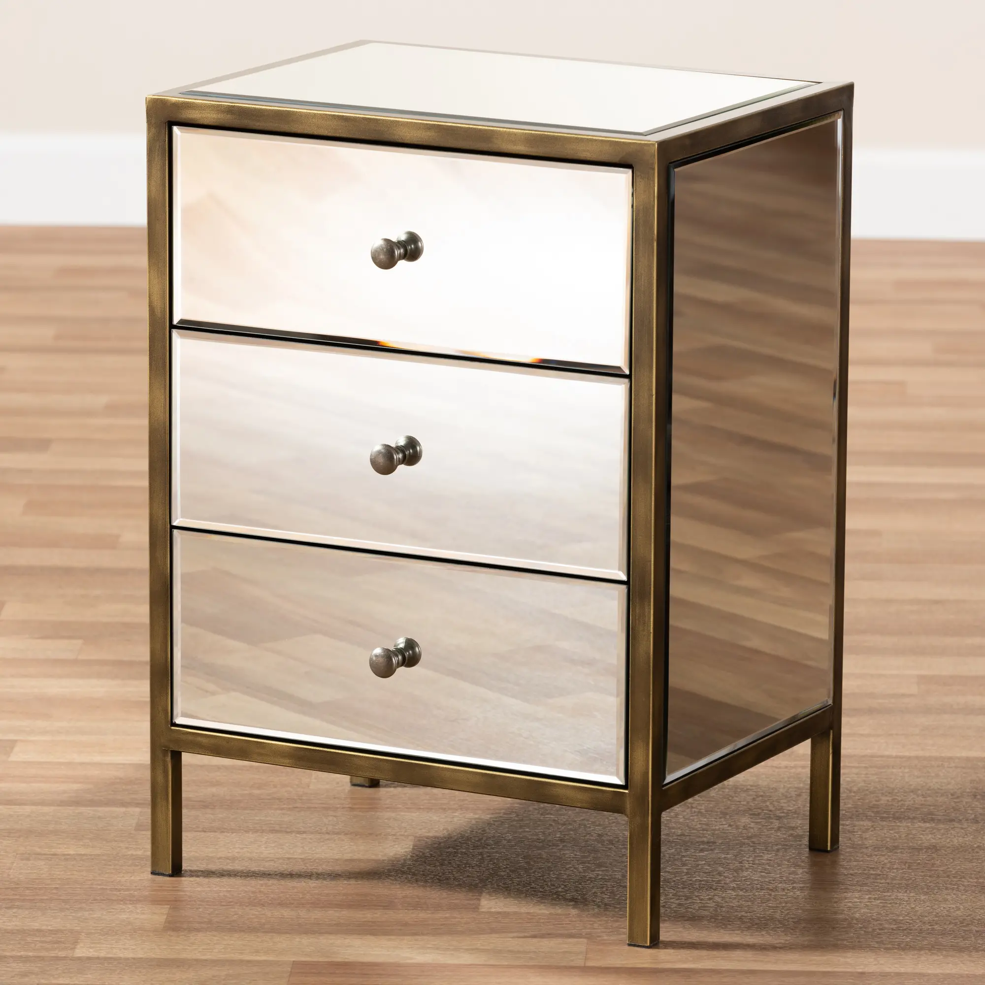 Contemporary Mirrored and Brass Nightstand - Dreda-2