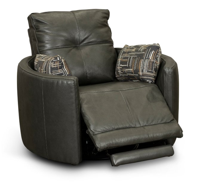 Waterloo Charcoal Gray Leather Curved Power Swivel Recliner