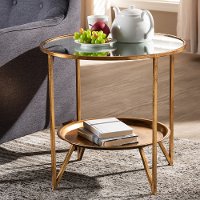 Modern Gold Finished Metal and Mirrored Glass Accent Table with Tray Shelf - Astra-1