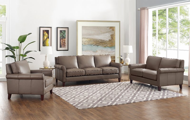 Classic Taupe Leather 3 Piece Living, Tan Leather Living Room Set