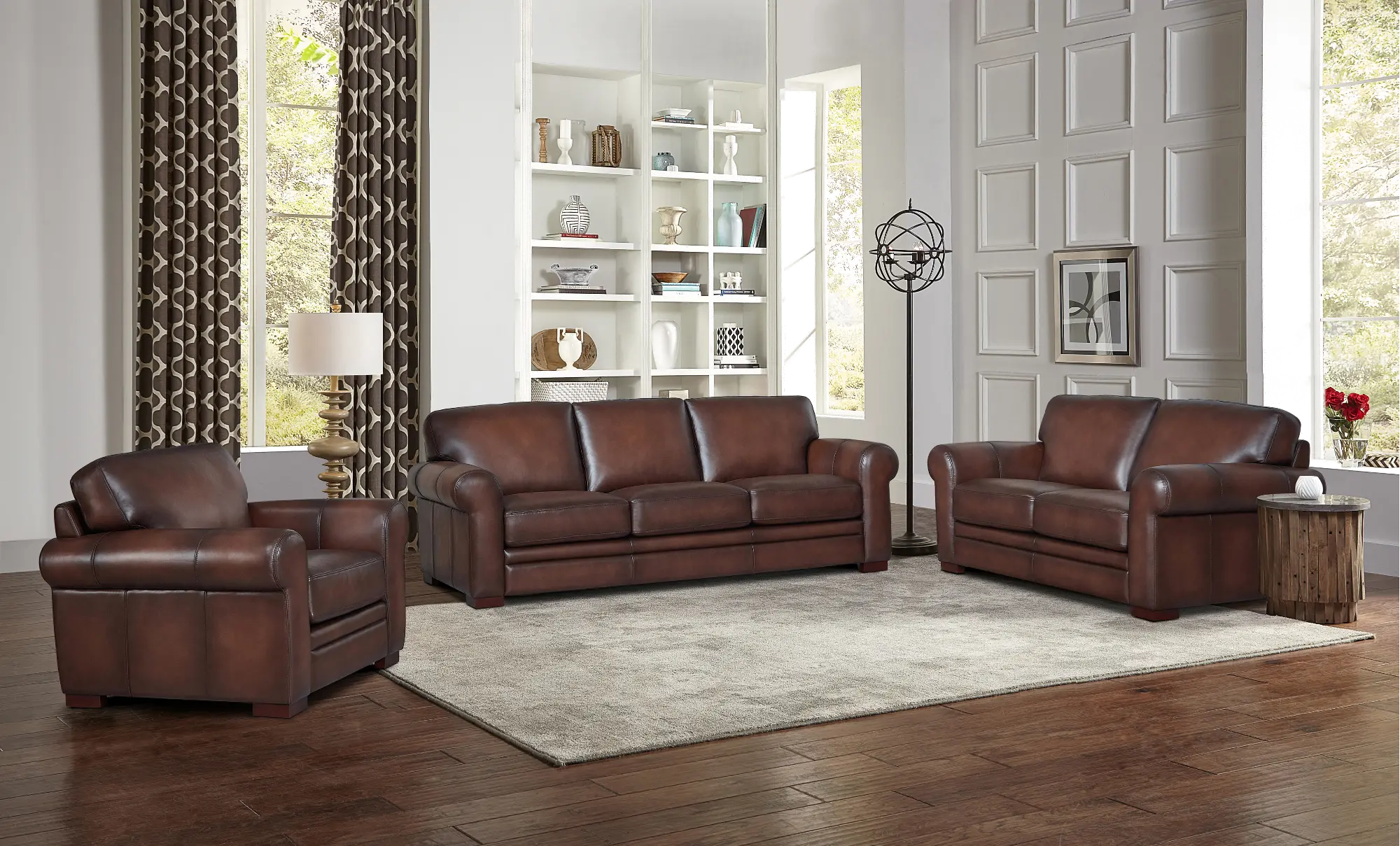 Carmel Brown Leather 3 Piece Living Room Set - Eglinton-1