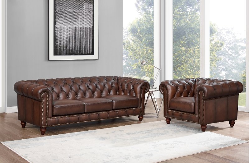 Traditional Brown Leather Sofa And, Brown Leather Couch And Chair Set