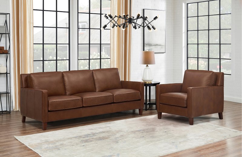 New Haven Brown Leather 2 Piece Sofa, Leather Furniture Living Room Sets