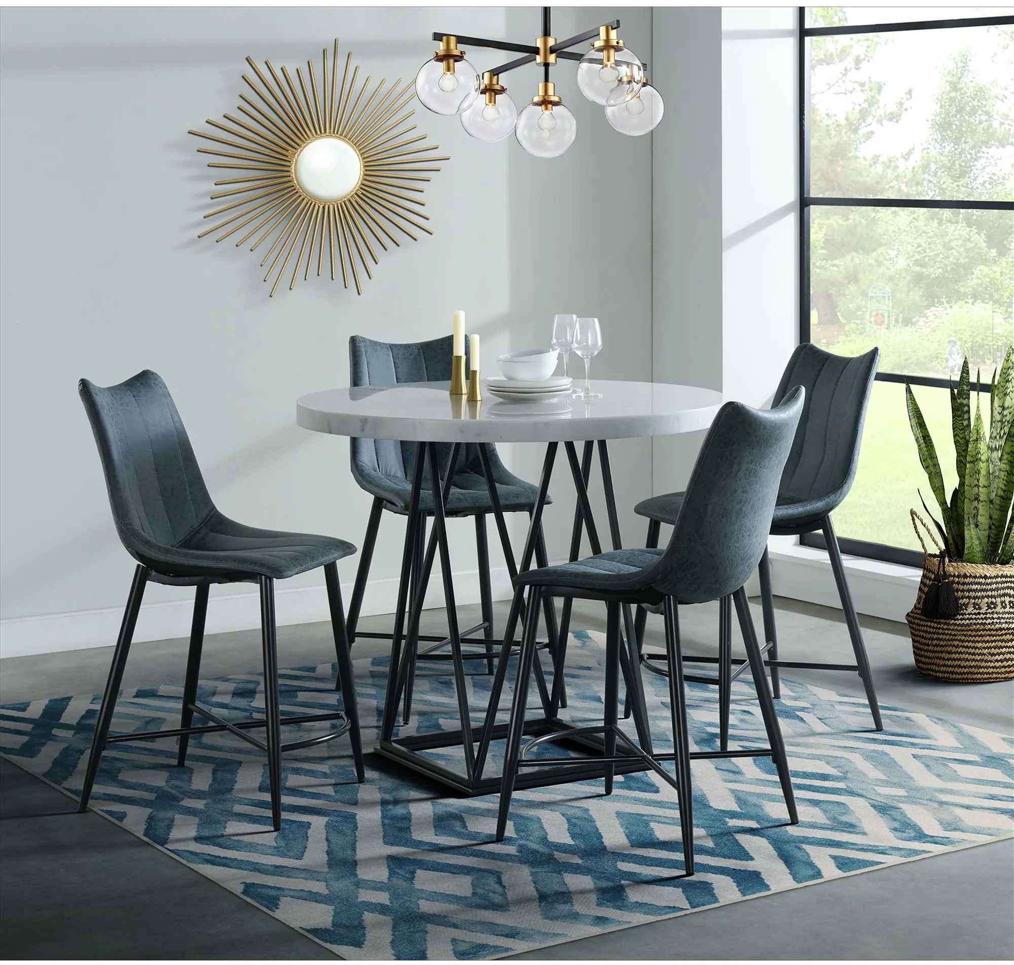 Rocco Contemporary White Marble and Metal Round Counter Height Dining Table-2