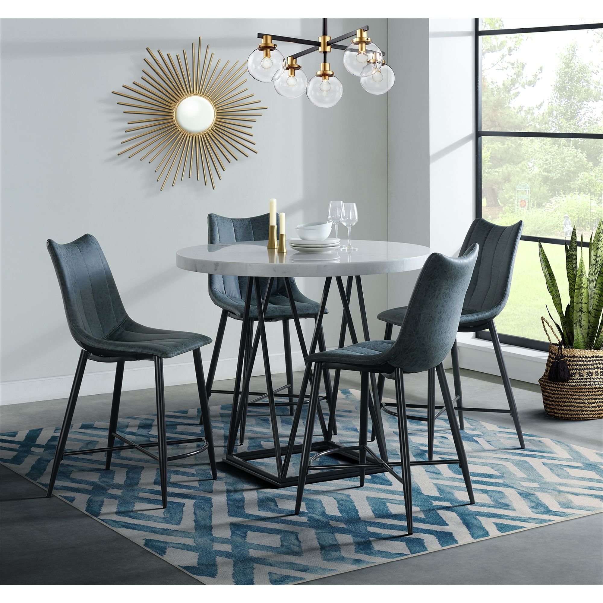 Contemporary Marble and Metal 5 Piece Counter Height Dining Set - Rocco-2