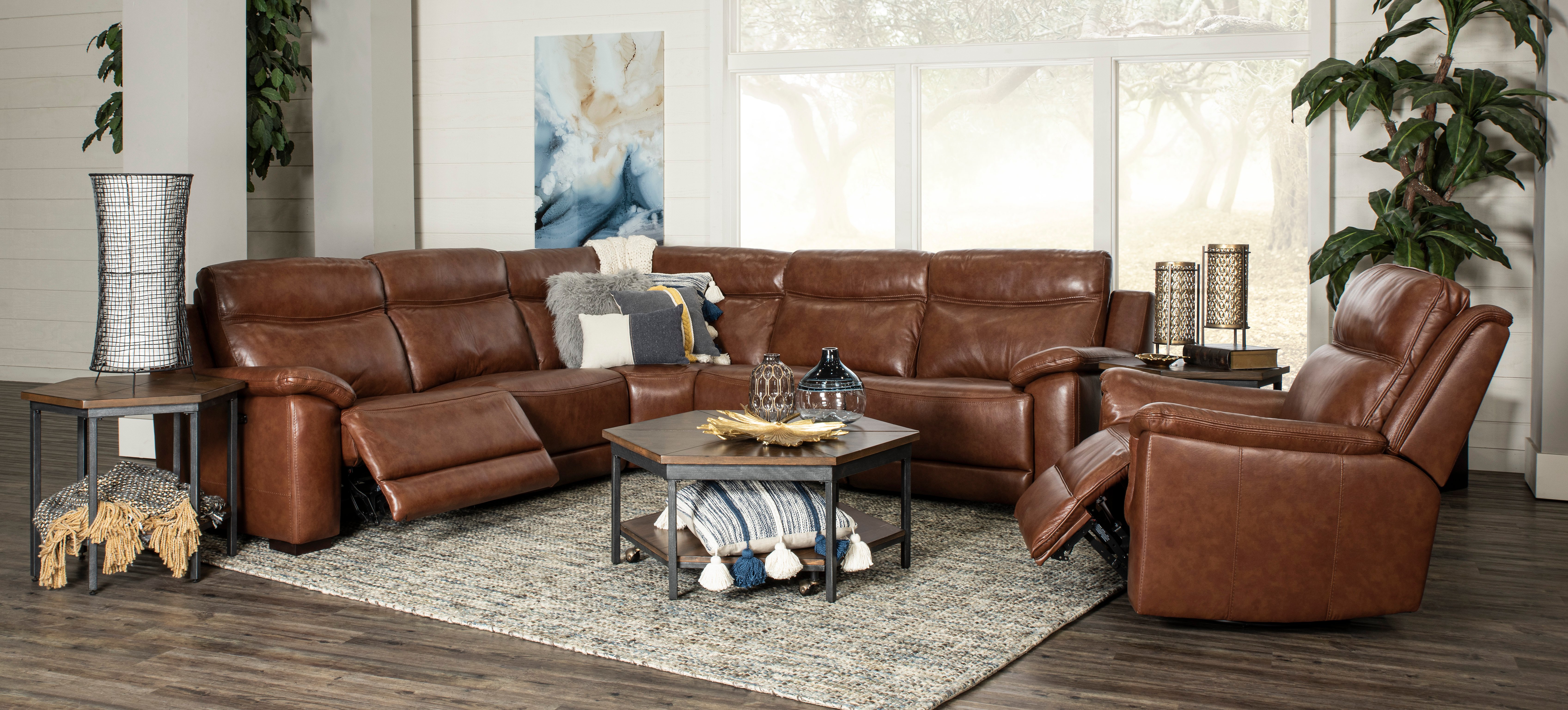Kobe Brown Leather-Match 5 Piece Power Reclining Sectional-4
