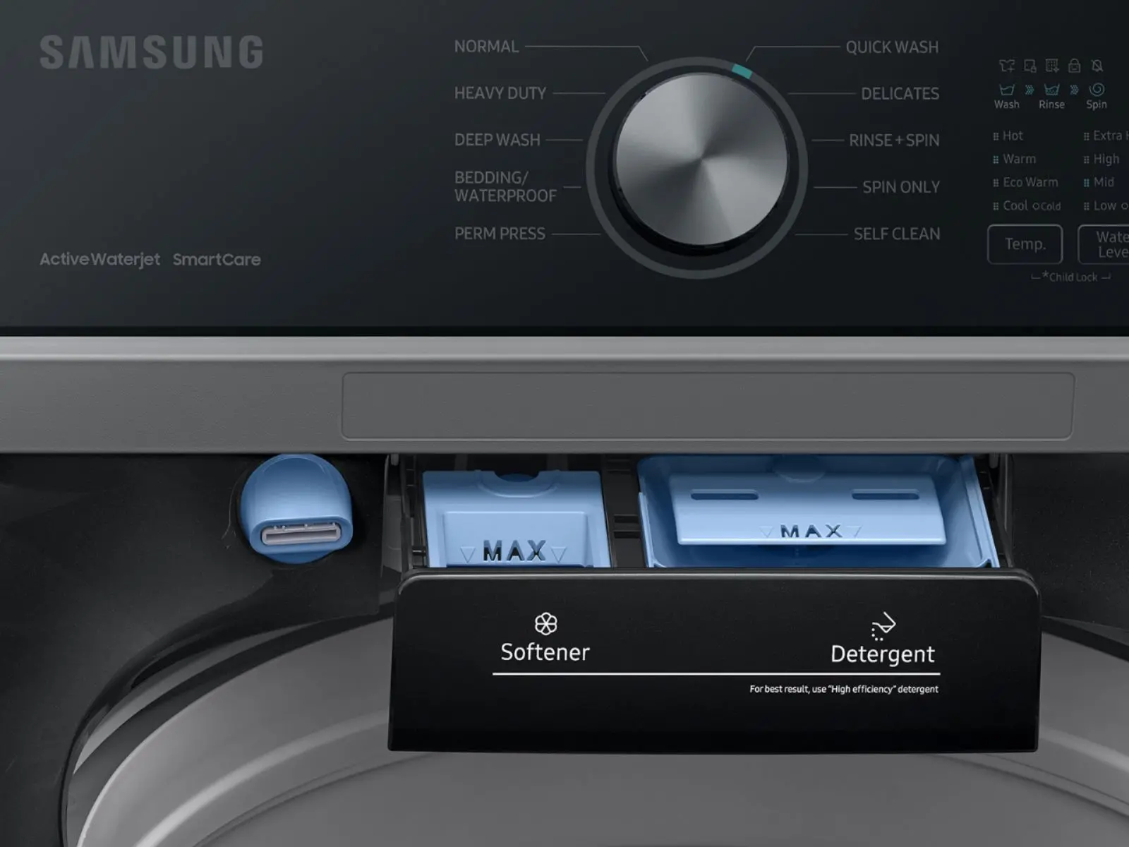 WA44A3405AV Samsung High-Efficiency Top Load Washer with ActiveWave Agitator and Active WaterJet - Brushed Black 4.4 cu. ft.-8