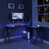 Black L-Shaped Gaming Desk with LED Lights - Checkpoint Battle Station-8