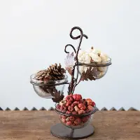 Antique Copper Metal Stand and 3 Glass Bowls and Leaves
