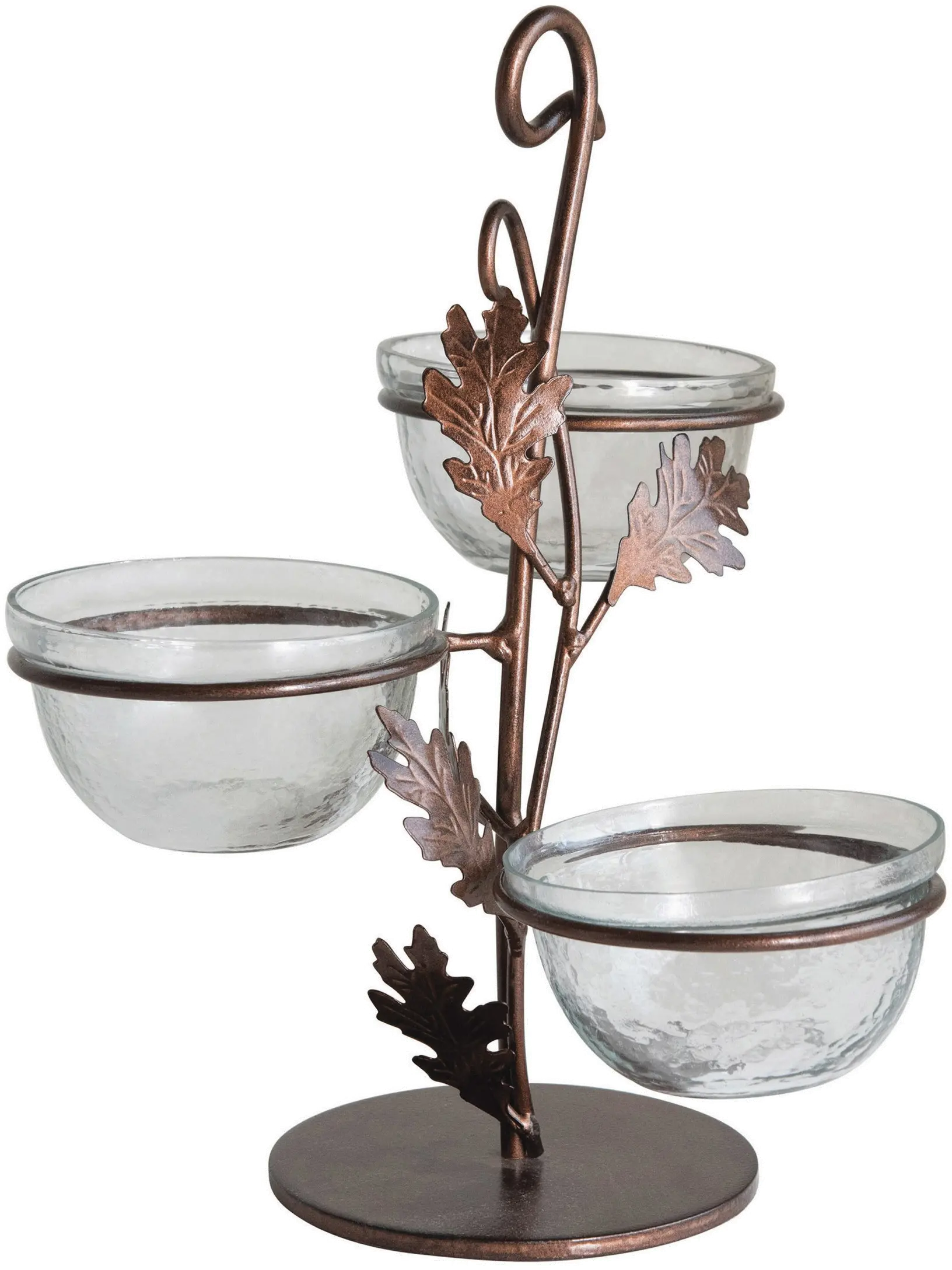Antique Copper Metal Stand and 3 Glass Bowls and Leaves-2