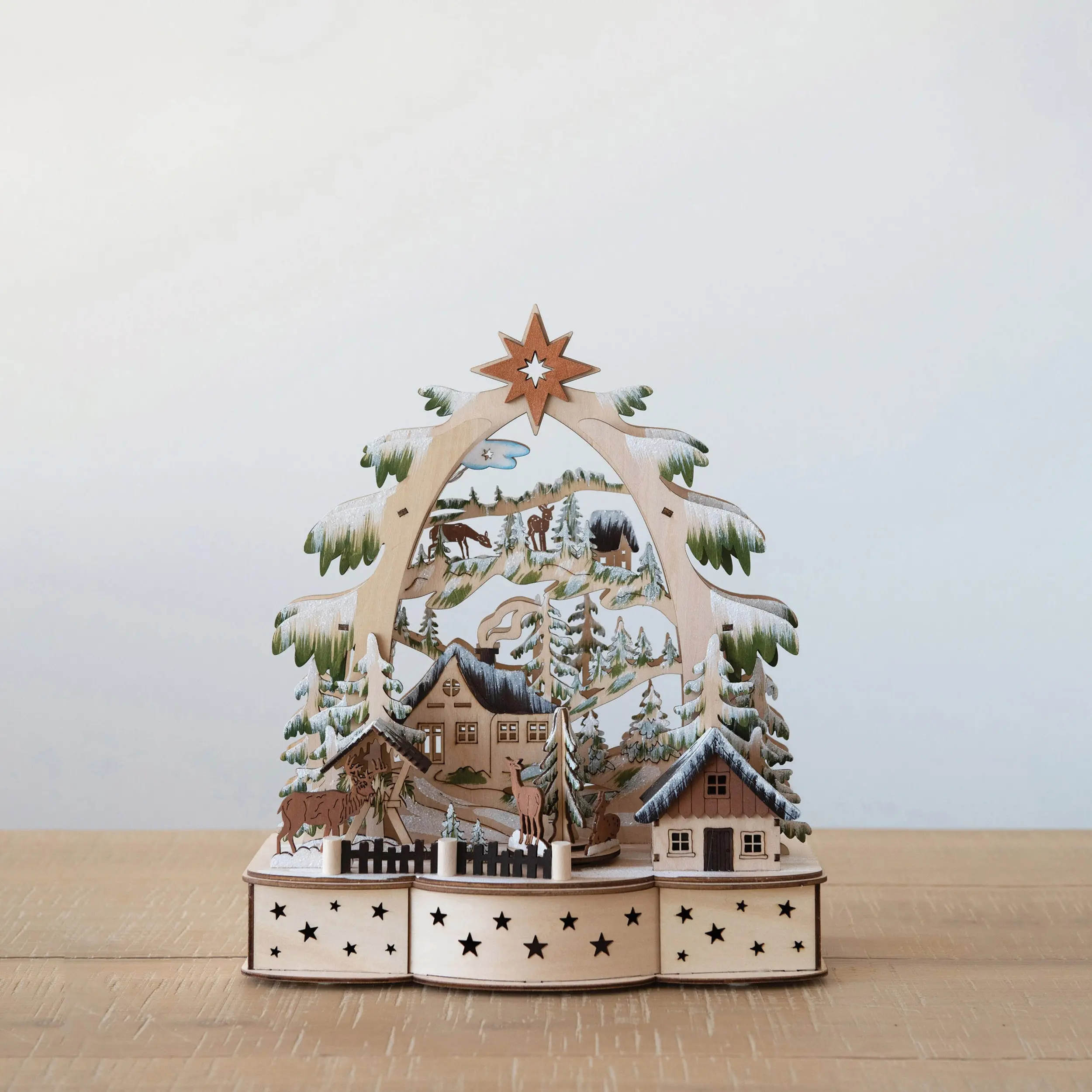 Brown Laser Cut Wood Village Music Box with Rotating Deer-1
