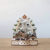 Brown Laser Cut Wood Village Music Box with Rotating Deer