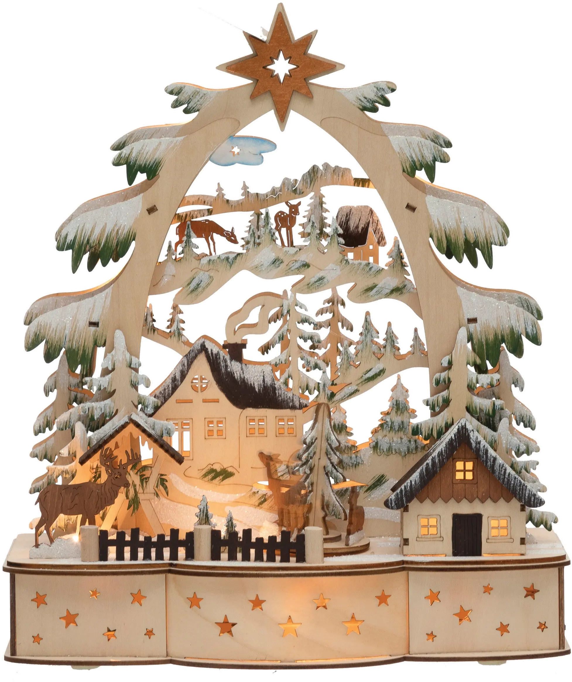 Brown Laser Cut Wood Village Music Box with Rotating Deer-2