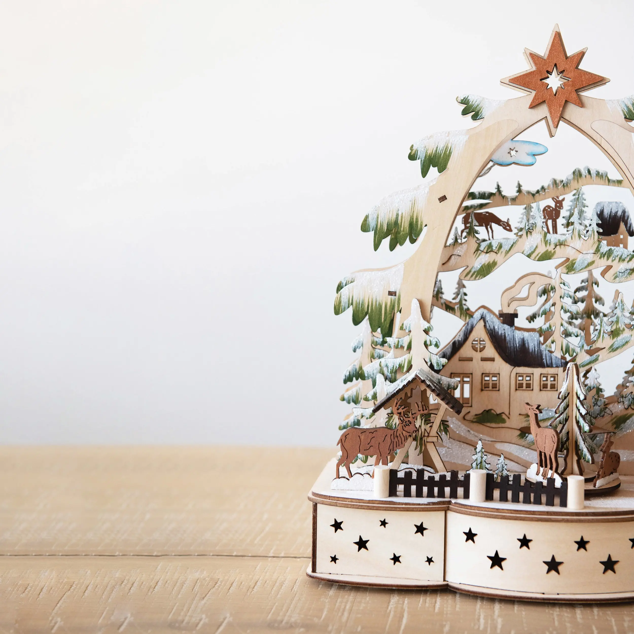 Brown Laser Cut Wood Village Music Box with Rotating Deer-3