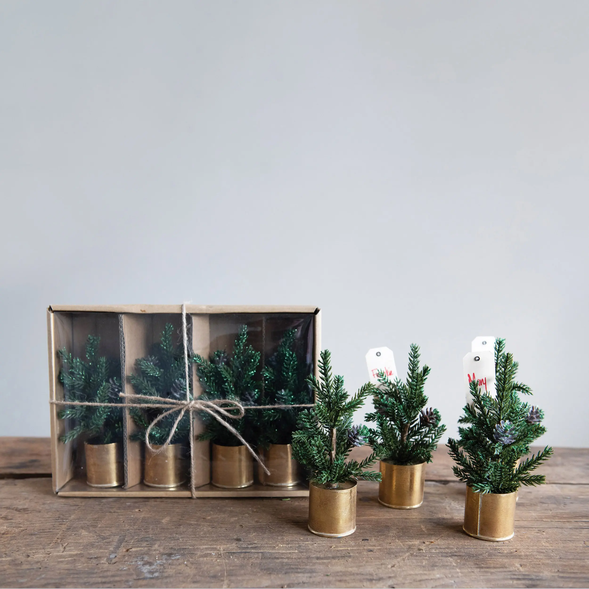 Faux Pine Tree Place Card Holders in Gold Pot (Boxed Set of 4)-2