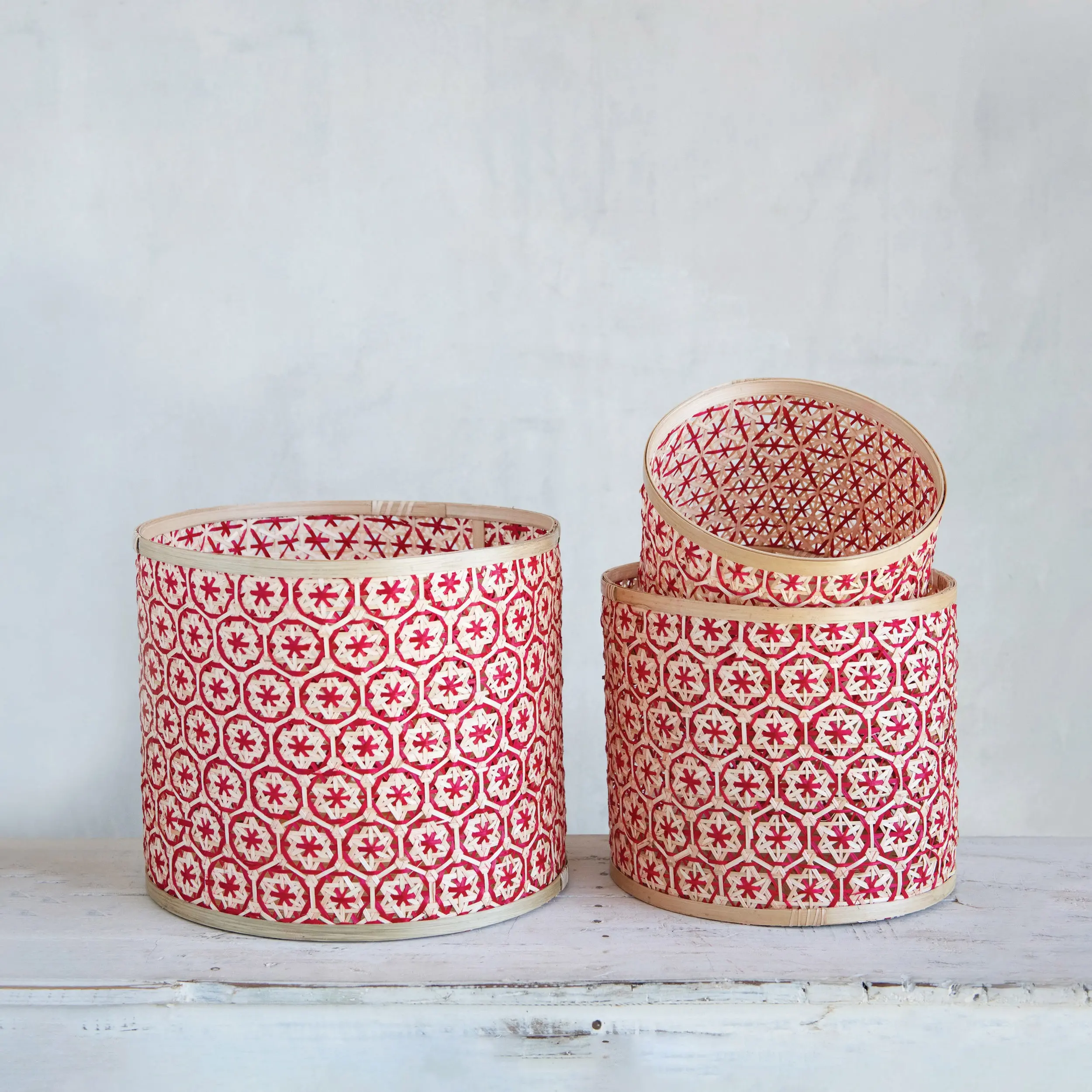 7 Inch Red and Natural Hand Woven Bamboo Basket-1