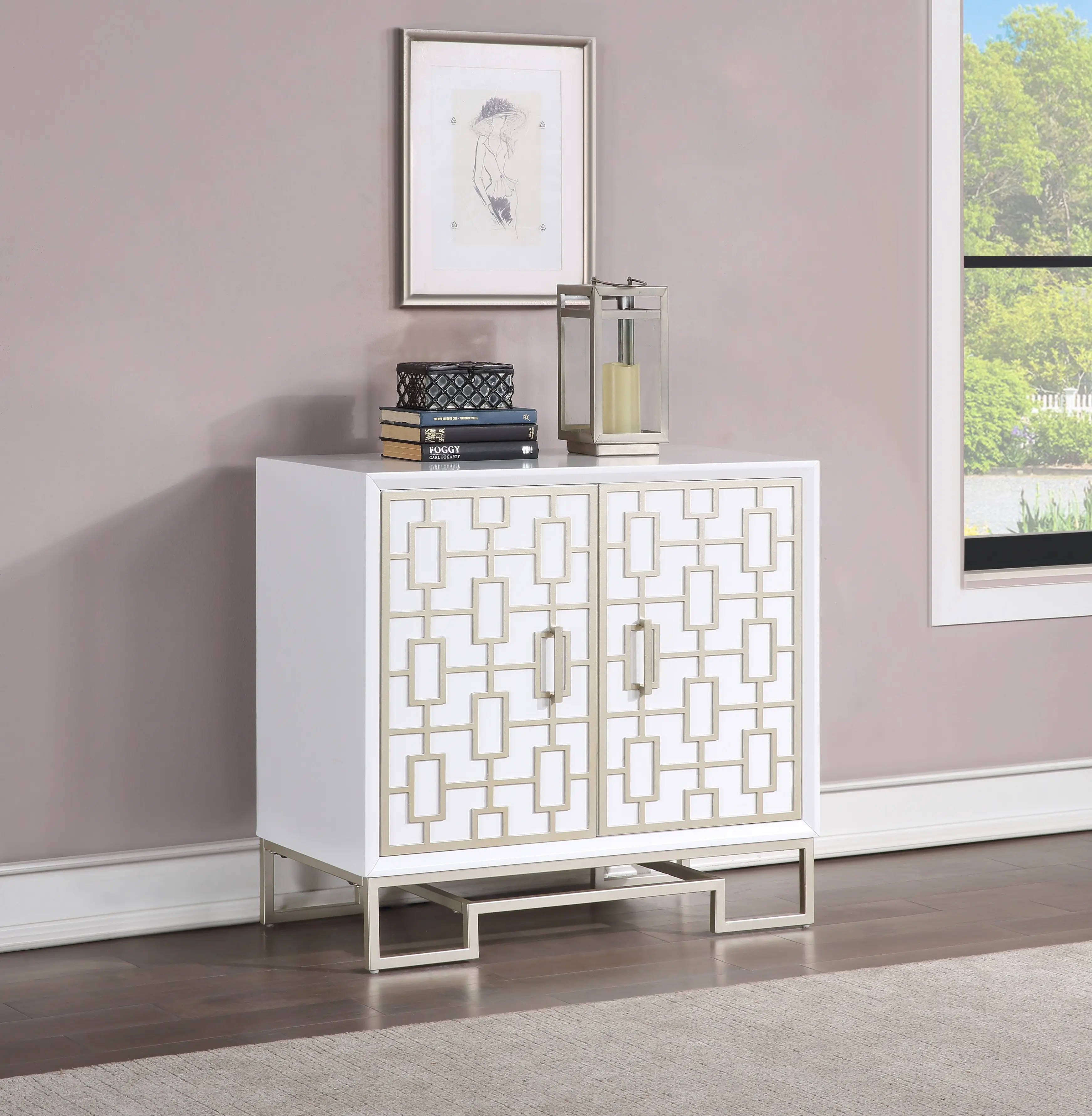 Contemporary White Two Door Cabinet with Champagne Detailing-1