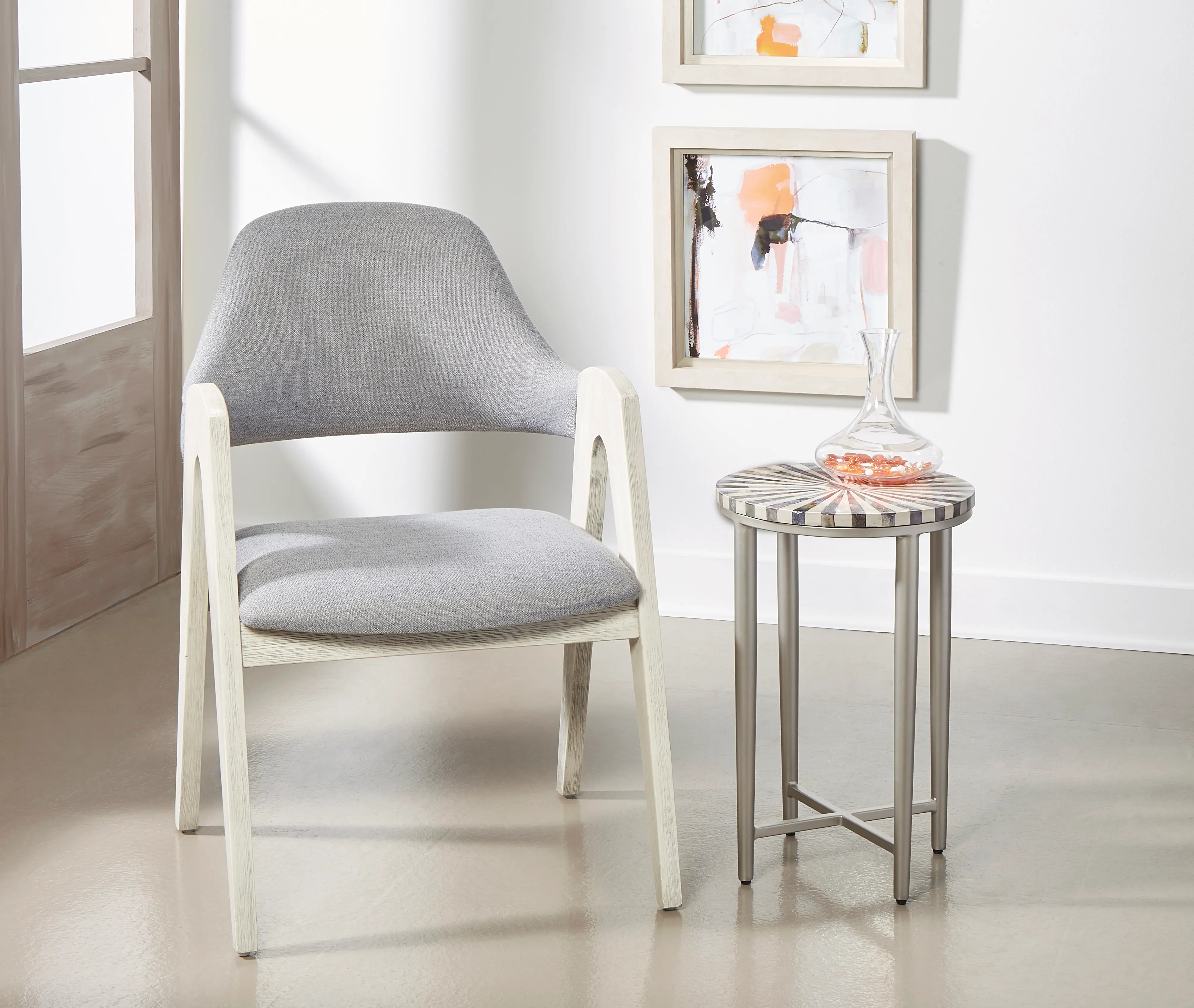 Bone Dyed Gray Round Accent Table with Antique Silver Legs-6