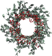 Faux Eucalyptus Leaf and Red Berry Wreath Arrangement