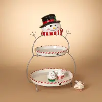 Ceramic Snowman 2 Tier Serving Tray with Metal Stand