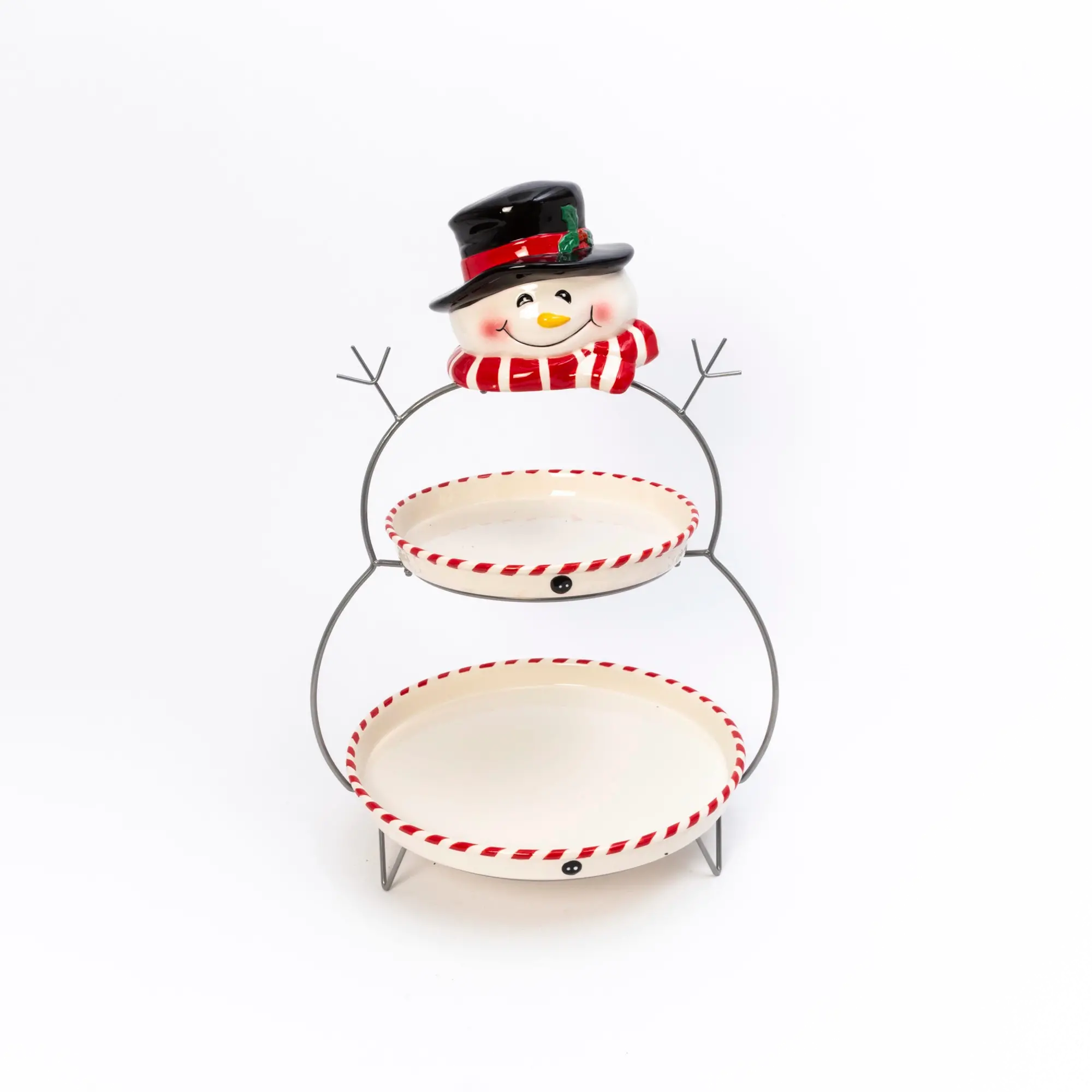 Ceramic Snowman 2 Tier Serving Tray with Metal Stand-2