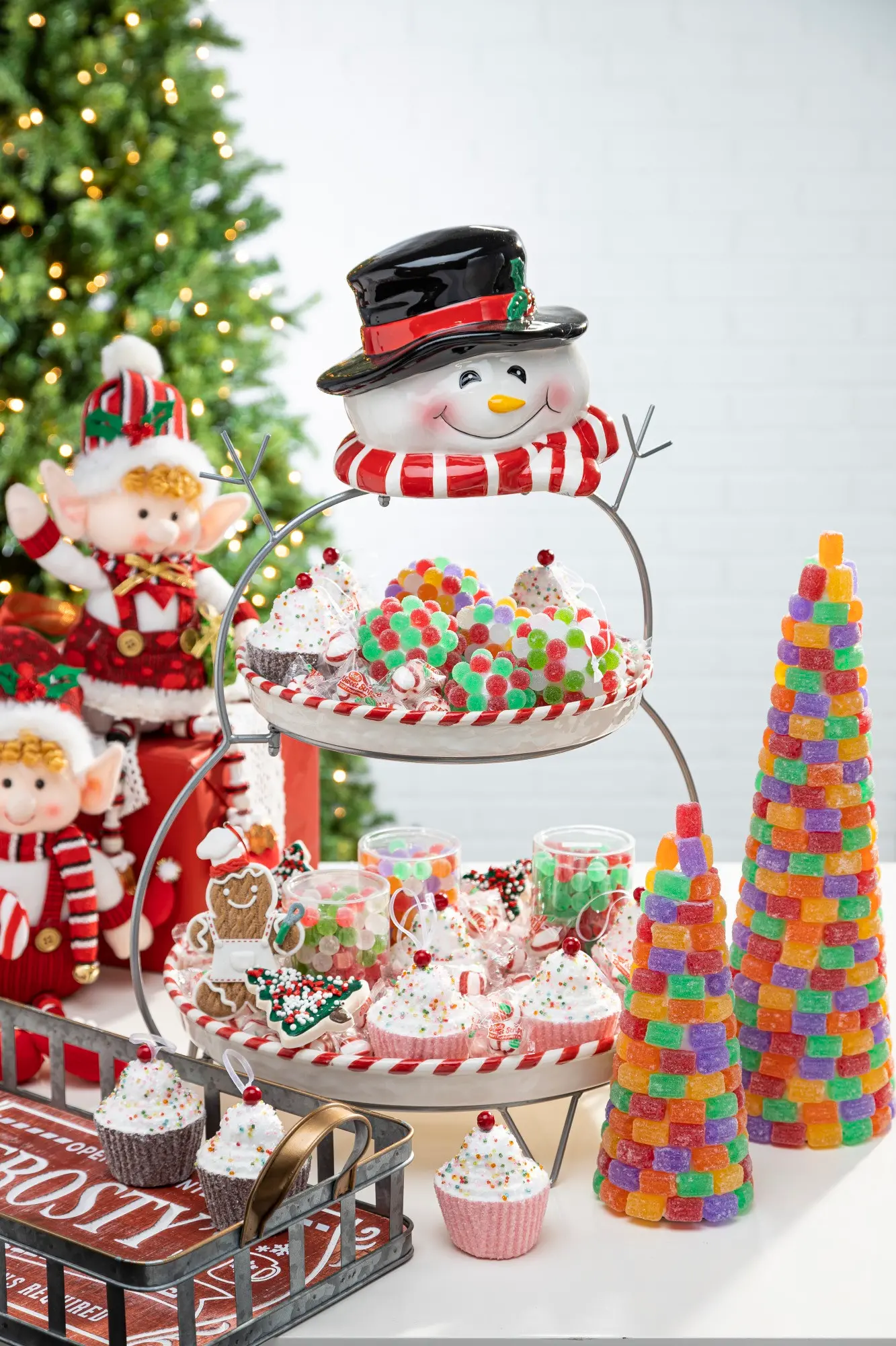 Ceramic Snowman 2 Tier Serving Tray with Metal Stand-3