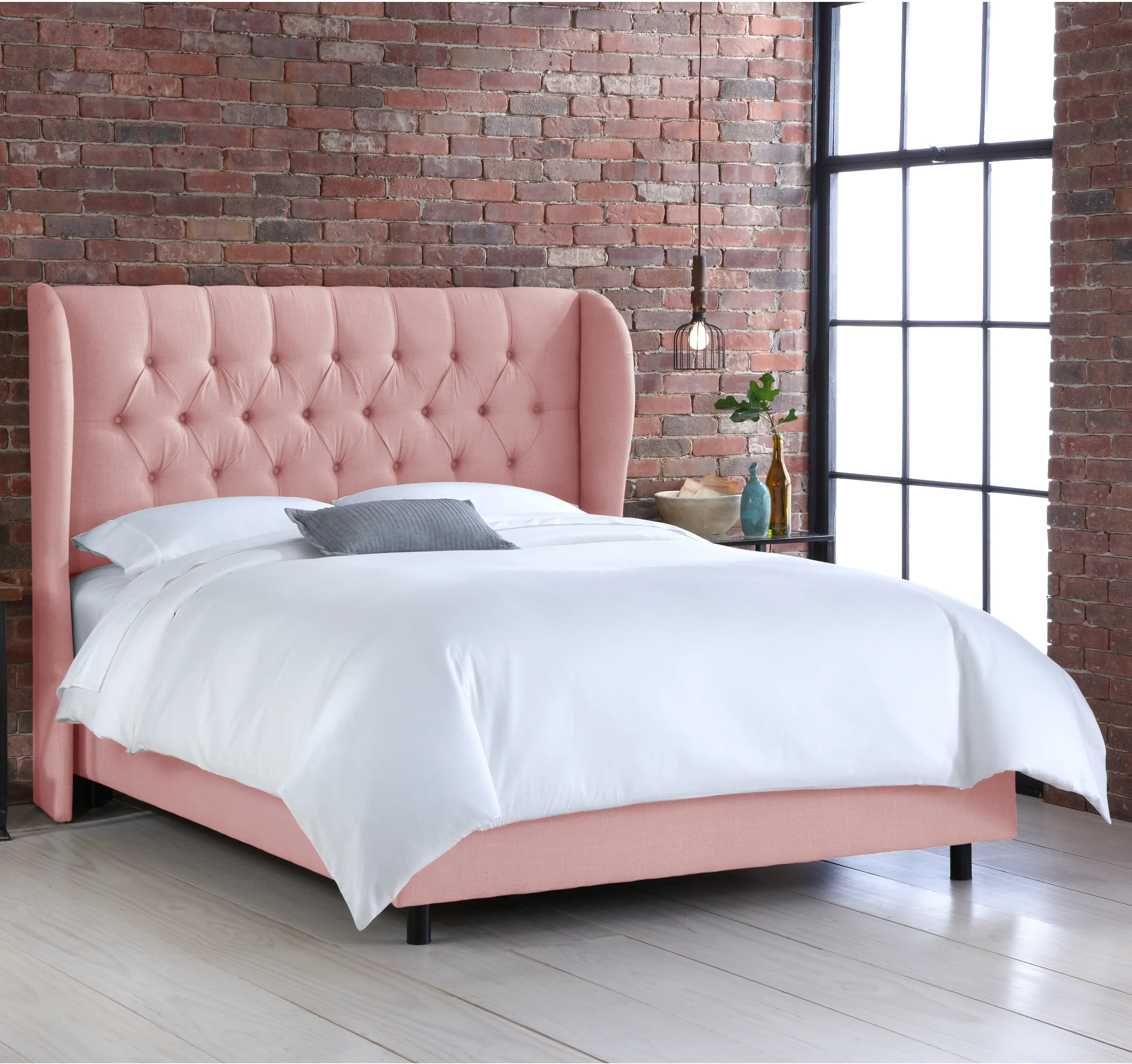 412BEDLNNBLS Queen Linen Blush Pink Curved Wingback Upholstered Bed-1