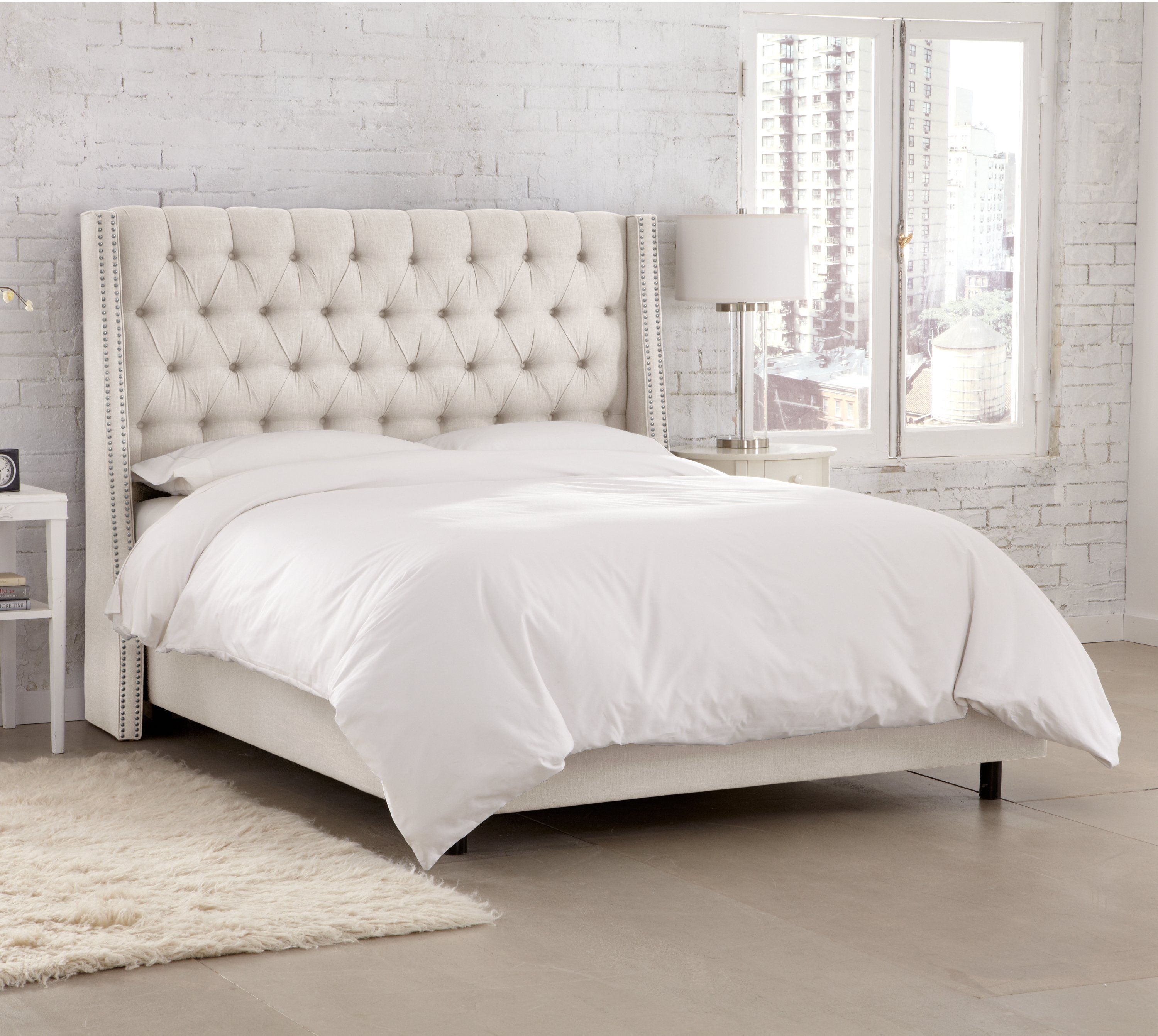 122NBBED-PWLNNTLC Queen Linen Talc Cream Tufted Bed-1